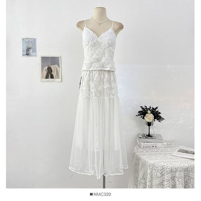 Set: V-Neck Lace Camisole Top + High Waist Maxi Skirt