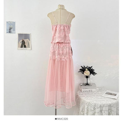 Set: V-Neck Lace Camisole Top + High Waist Maxi Skirt