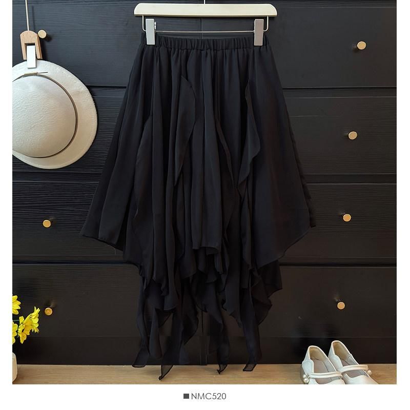 Mid Waist Asymmetrical Plain A-Line Skirt