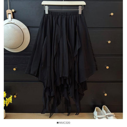 Mid Waist Asymmetrical Plain A-Line Skirt