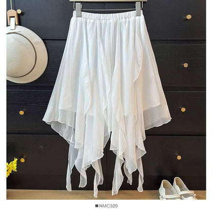 Mid Waist Asymmetrical Plain A-Line Skirt