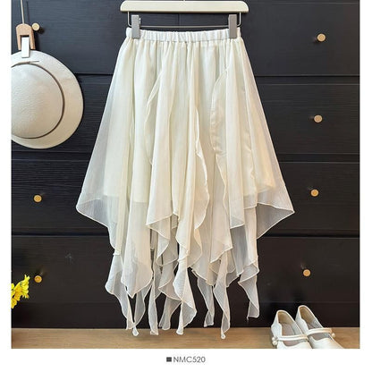 Mid Waist Asymmetrical Plain A-Line Skirt