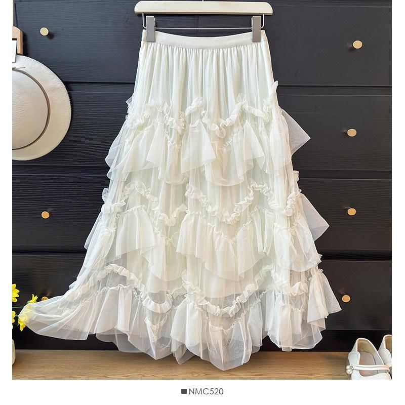 High Waist Ruffle Maxi A-Line Skirt
