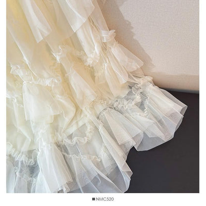 High Waist Ruffle Maxi A-Line Skirt
