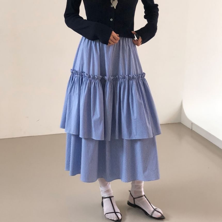 High Waist Striped Ruffled Tiered Midi A-Line Skirt