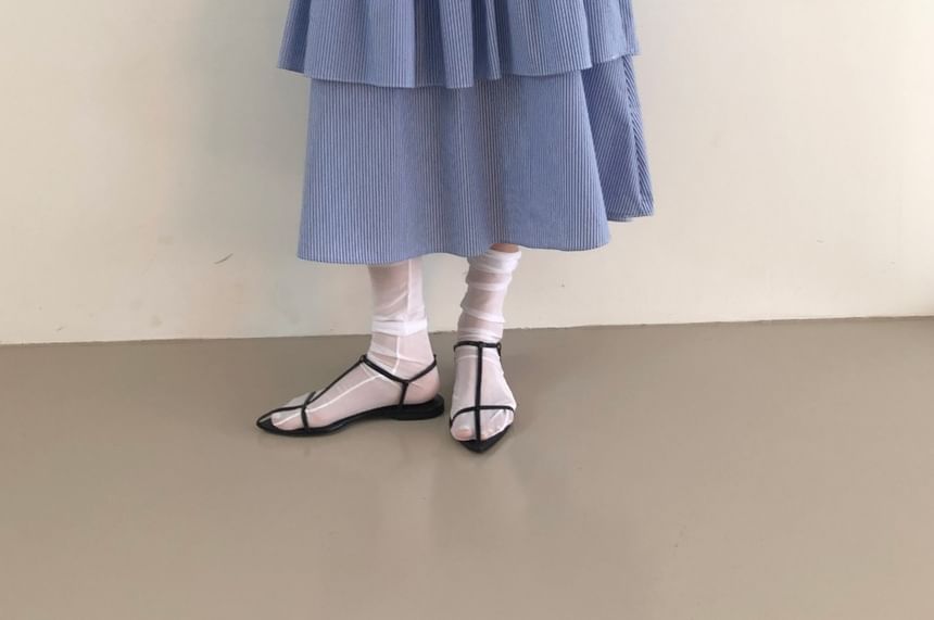 High Waist Striped Ruffled Tiered Midi A-Line Skirt