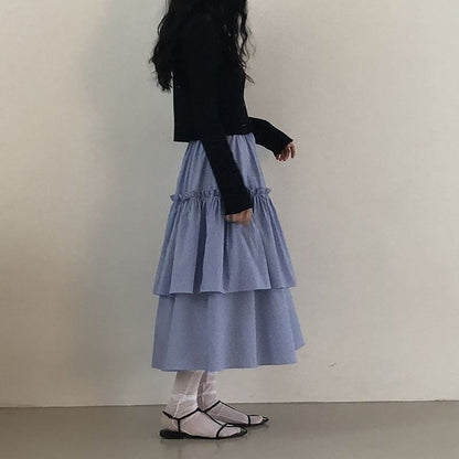 High Waist Striped Ruffled Tiered Midi A-Line Skirt