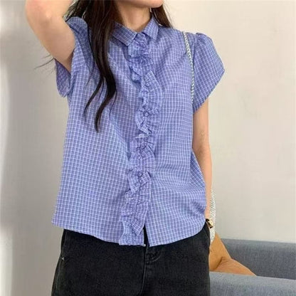 Short Sleeve Gingham Print Ruffled Loose Shirt