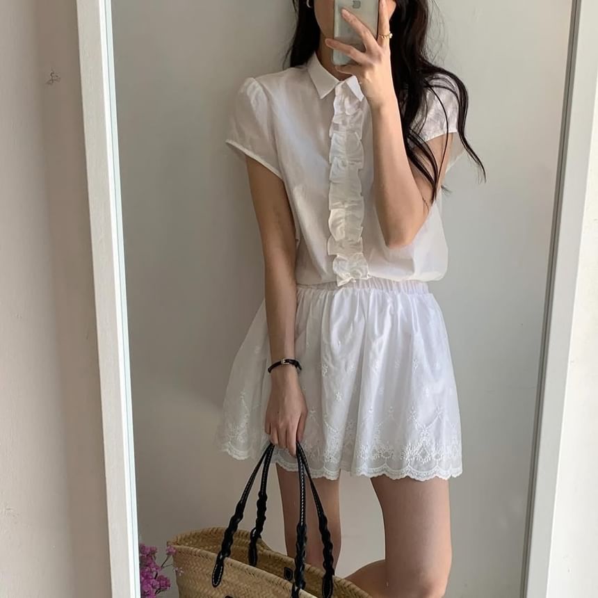 Short Sleeve Gingham Print Ruffled Loose Shirt