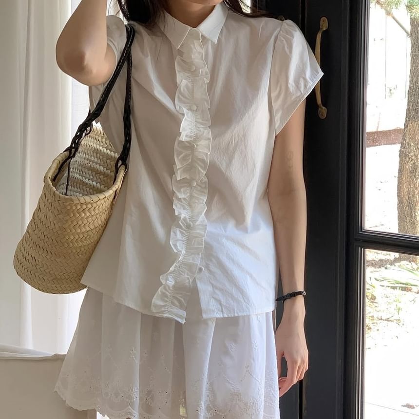 Short Sleeve Gingham Print Ruffled Loose Shirt