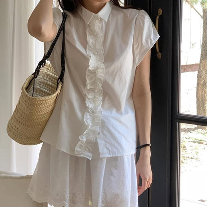 Short Sleeve Gingham Print Ruffled Loose Shirt