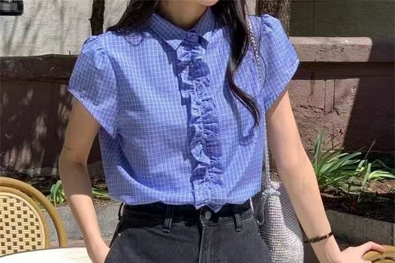 Short Sleeve Gingham Print Ruffled Loose Shirt