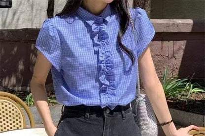 Short Sleeve Gingham Print Ruffled Loose Shirt