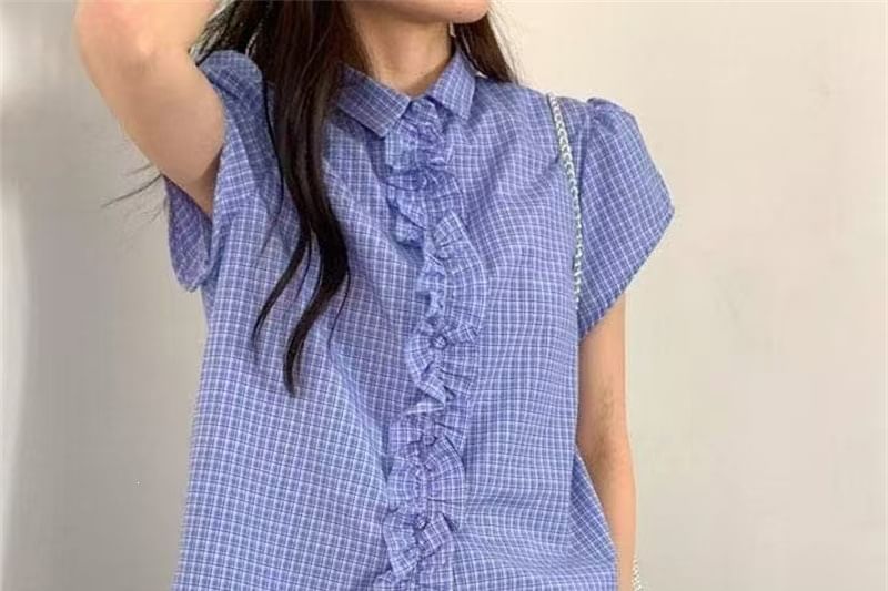 Short Sleeve Gingham Print Ruffled Loose Shirt