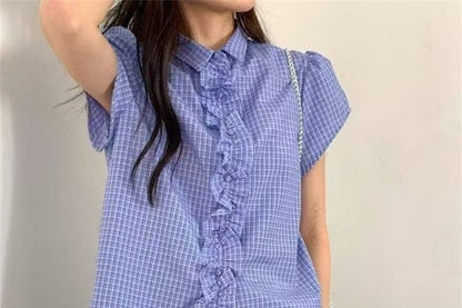 Short Sleeve Gingham Print Ruffled Loose Shirt