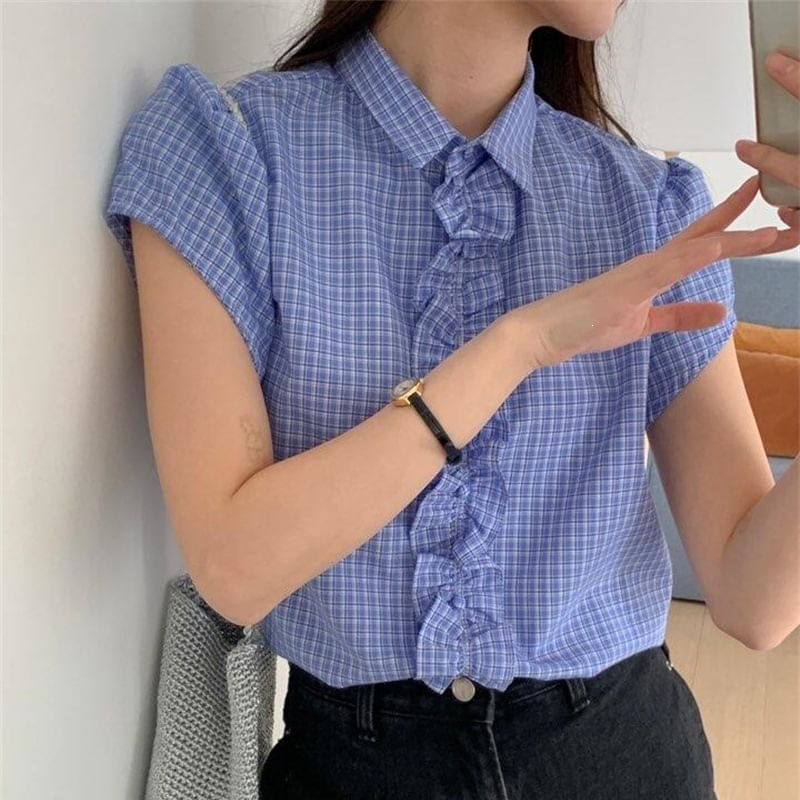 Short Sleeve Gingham Print Ruffled Loose Shirt