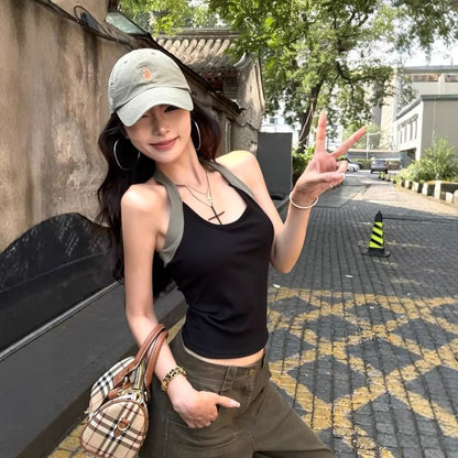 Halter Neck Color Block Fitted Crop Tank