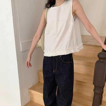 Solid Ruffle Trim Loose Tank Top