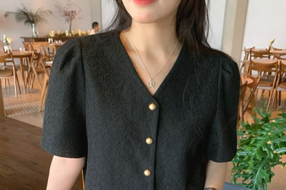 Short Sleeve V-Neck Jacquard Button Up Cropped Top