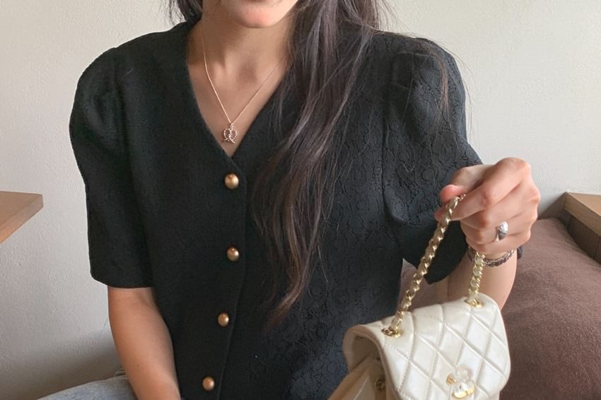 Short Sleeve V-Neck Jacquard Button Up Cropped Top