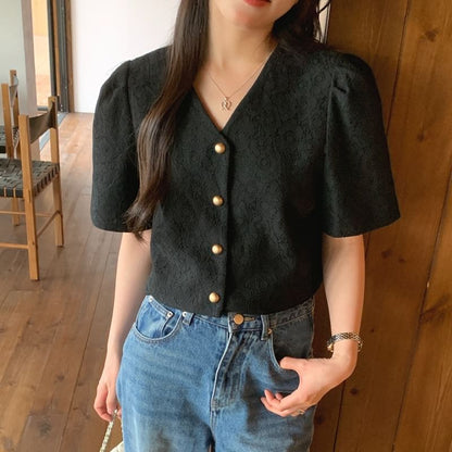 Short Sleeve V-Neck Jacquard Button Up Cropped Top
