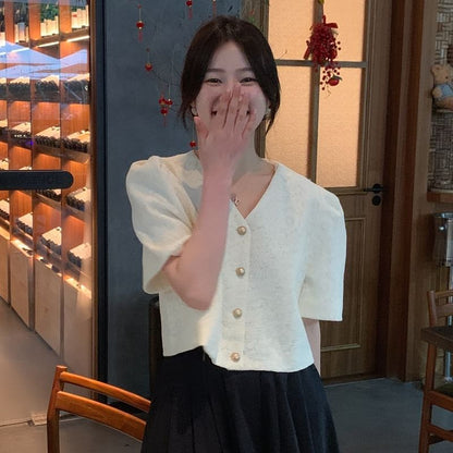 Short Sleeve V-Neck Jacquard Button Up Cropped Top
