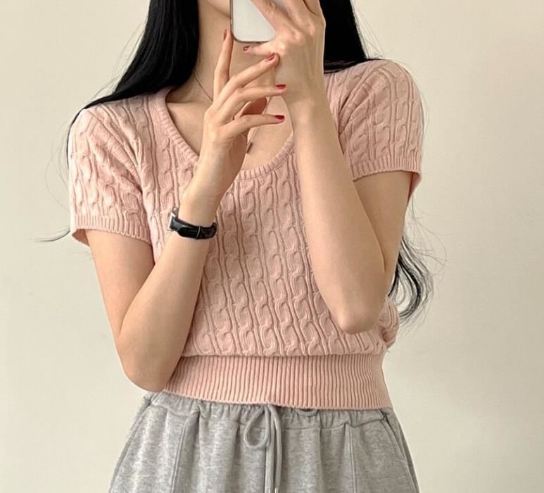 Short Sleeve Scoop Neck Solid Cable Knit Fitted Top