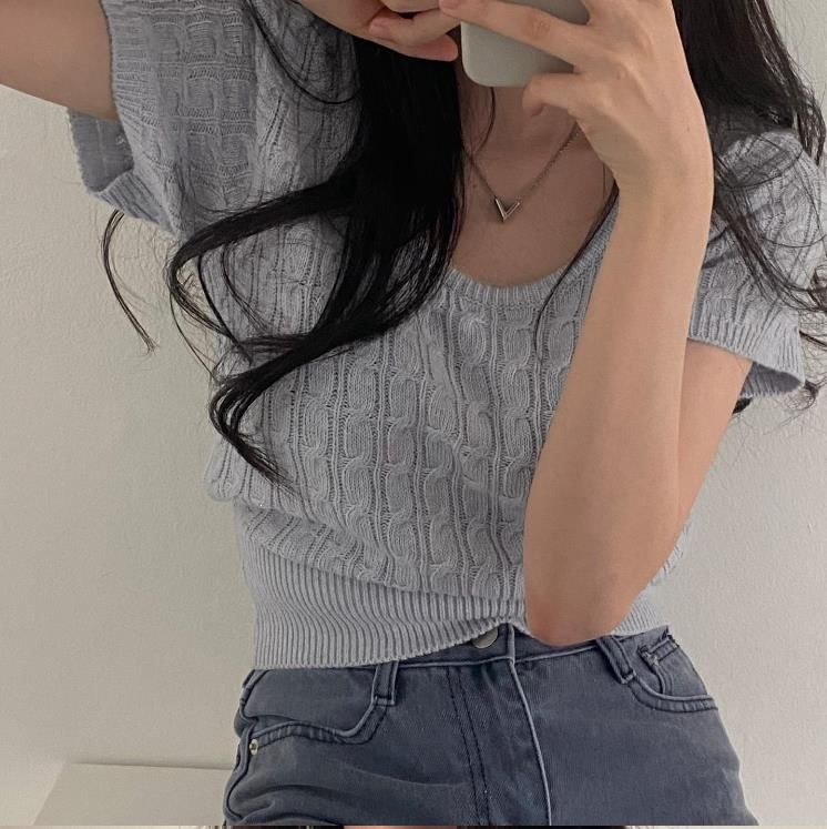 Short Sleeve Scoop Neck Solid Cable Knit Fitted Top