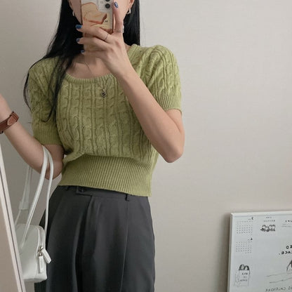 Short Sleeve Scoop Neck Solid Cable Knit Fitted Top