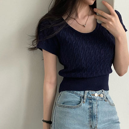 Short Sleeve Scoop Neck Solid Cable Knit Fitted Top