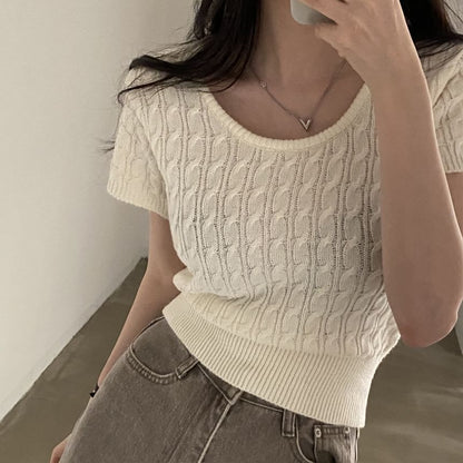 Short Sleeve Scoop Neck Solid Cable Knit Fitted Top