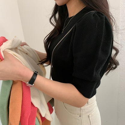Puff Sleeve Solid Textured Fitted Top