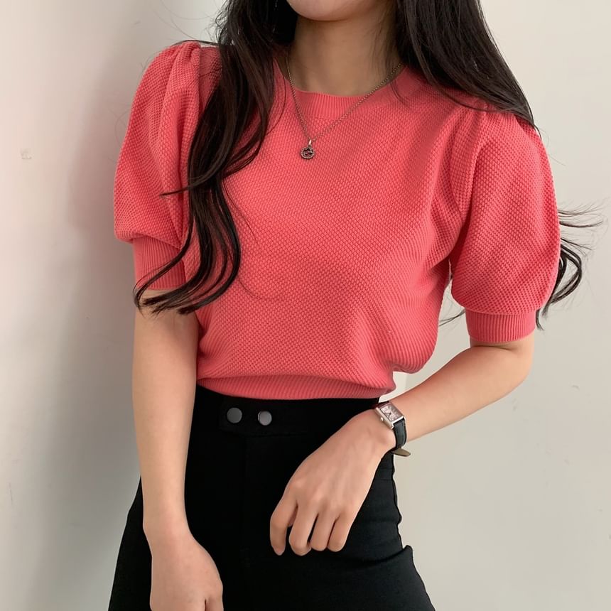 Puff Sleeve Solid Textured Fitted Top