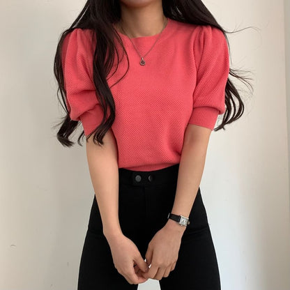 Puff Sleeve Solid Textured Fitted Top