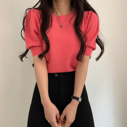 Puff Sleeve Solid Textured Fitted Top