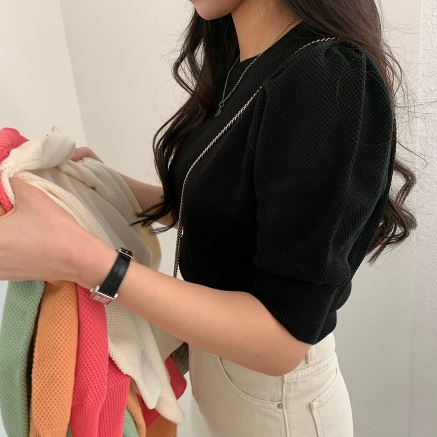 Puff Sleeve Solid Textured Fitted Top