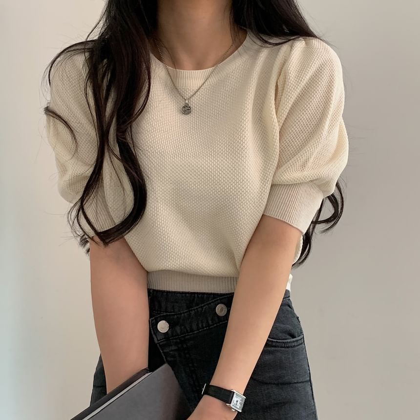 Puff Sleeve Solid Textured Fitted Top