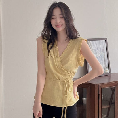 Sleeveless V-Neck Solid Ruffle Trim Tie Waist Blouse