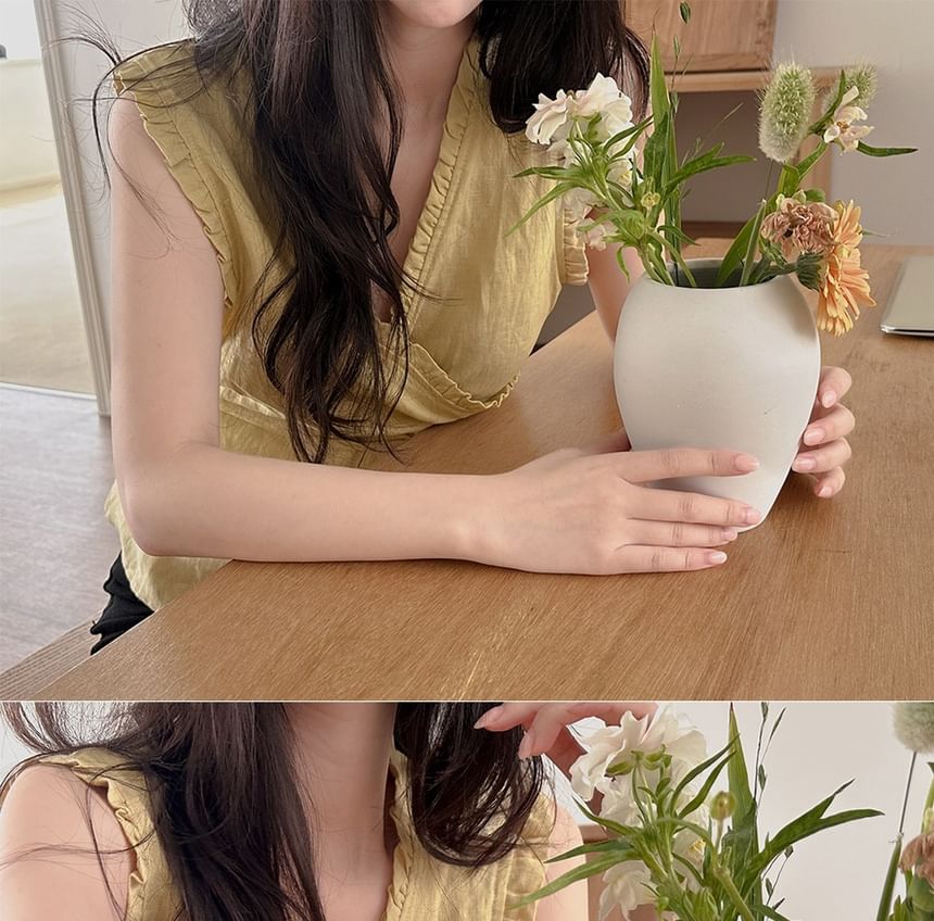 Sleeveless V-Neck Solid Ruffle Trim Tie Waist Blouse