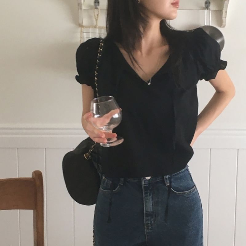 Puff Sleeve V-Neck Striped Ruffle Trim Loose Blouse