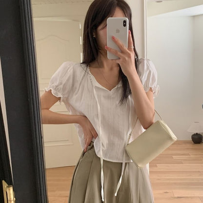 Puff Sleeve V-Neck Striped Ruffle Trim Loose Blouse