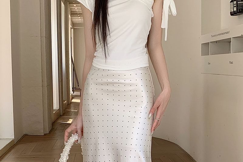 High Waist Polka Dot Satin Fishtail Maxi Skirt