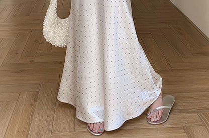 High Waist Polka Dot Satin Fishtail Maxi Skirt