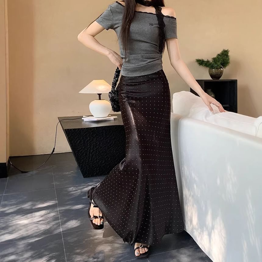 High Waist Polka Dot Satin Fishtail Maxi Skirt