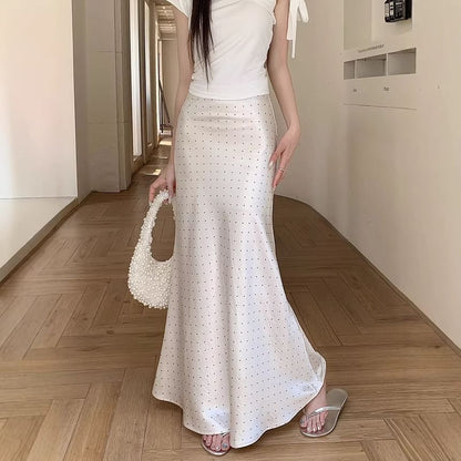 High Waist Polka Dot Satin Fishtail Maxi Skirt