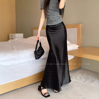 High Waist Polka Dot Satin Fishtail Maxi Skirt