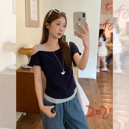 Color-Block Fitted Tee with Short Sleeves