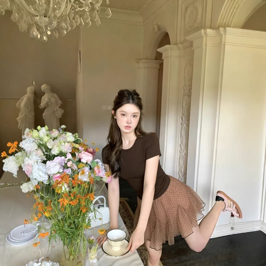 Short Sleeve Plain Slim-Fit T-Shirt / High Waist Dotted MIni Skirt
