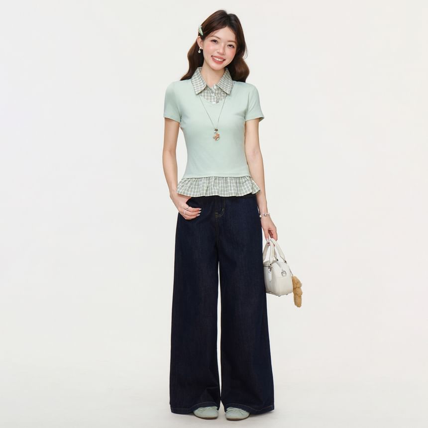 Ruffled Hem Blouse with Plaid Panels and Short Sleeves