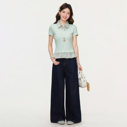 Ruffled Hem Blouse with Plaid Panels and Short Sleeves